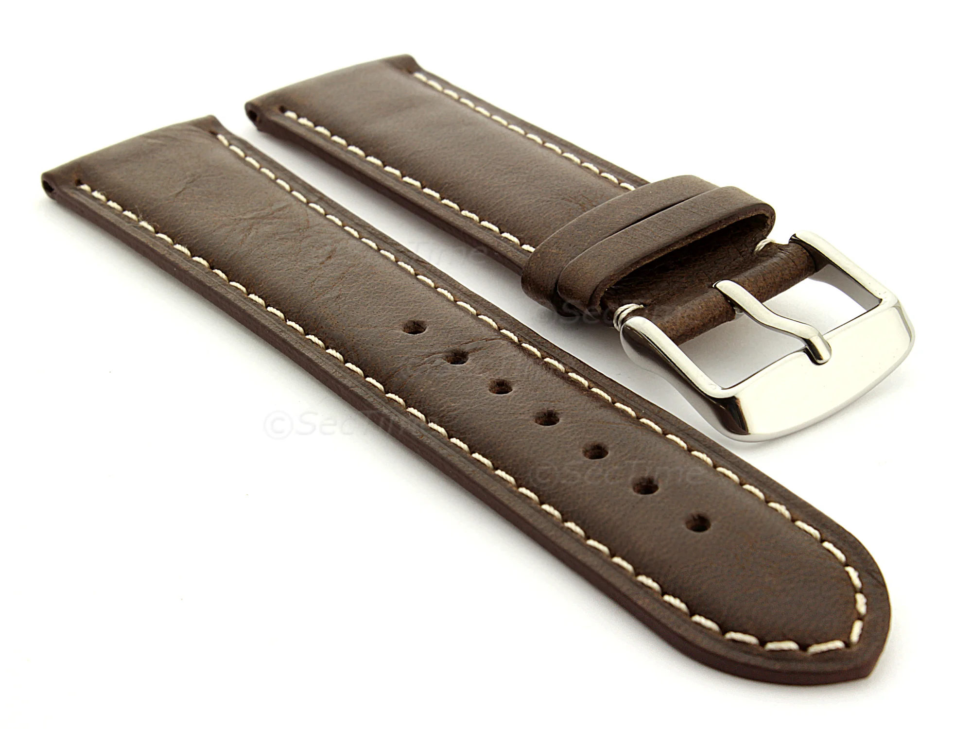 (image for) Extra Long Genuine Leather Watch Strap Twister Dark Brown / White 20mm