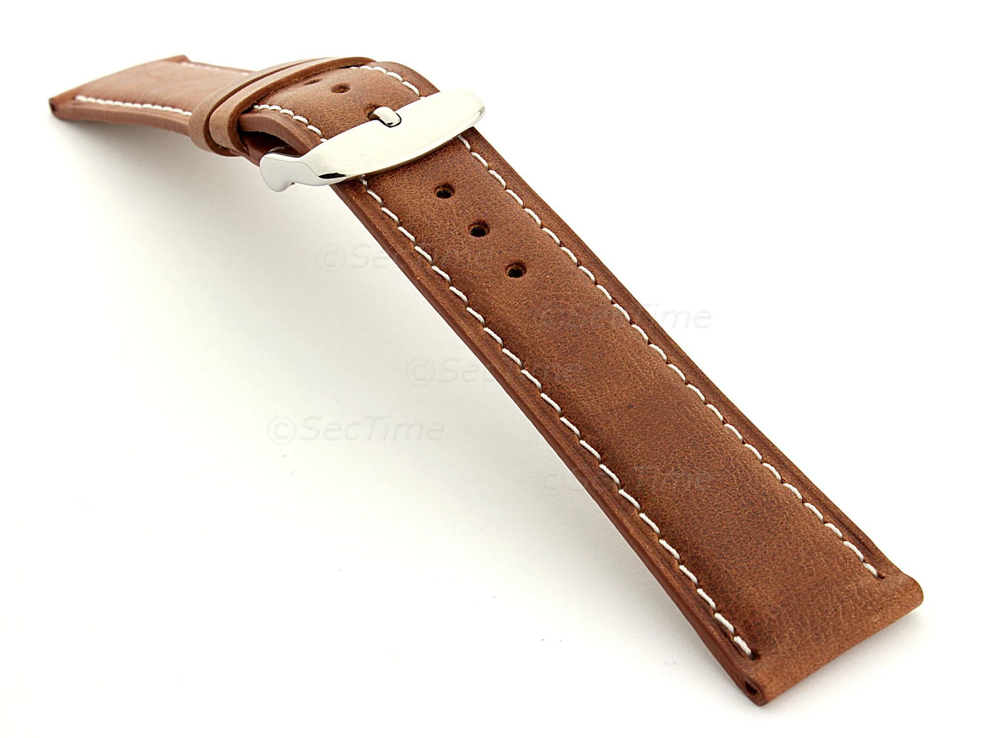(image for) Extra Long Genuine Leather Watch Strap Twister Brown / White 24mm (1)