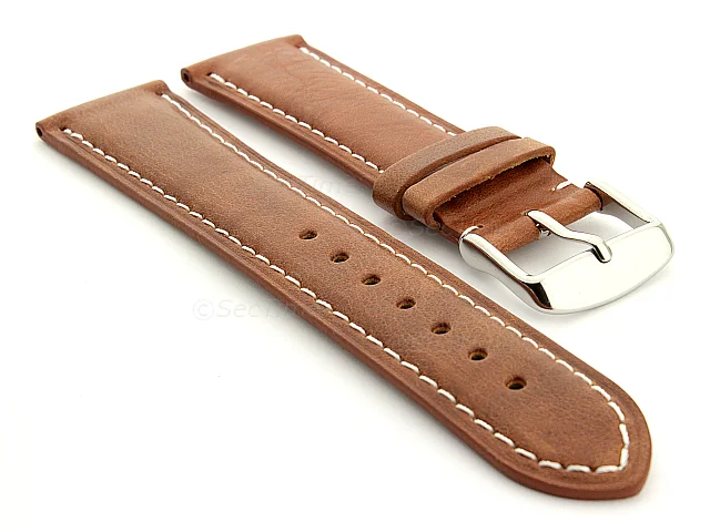 (image for) Extra Long Genuine Leather Watch Strap Twister Brown / White 24mm