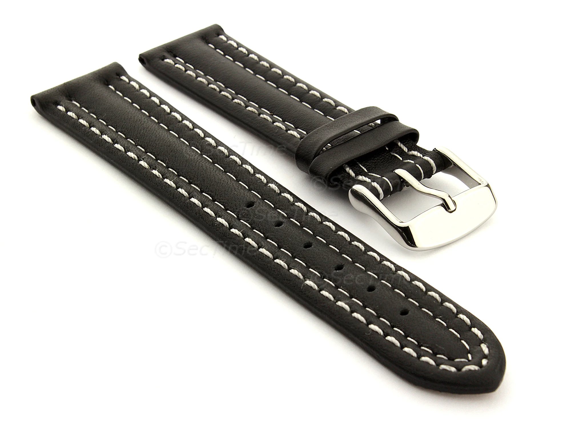 (image for) Leather Watch Strap Double Stitched Zurich Black / White 18mm