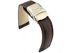 Genuine Leather Watch Strap Band Canyon Deployment Clasp Black/Red 22mm