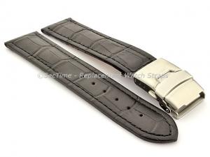 Genuine Leather Watch Band Croco Deployment Clasp Black / Black 22mm