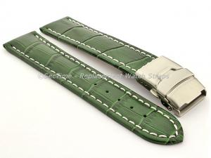 Genuine Leather Watch Band Croco Deployment Clasp Glossy Green / White 22mm