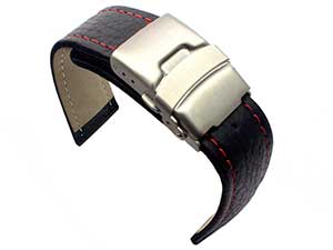 Genuine Leather Watch Strap Freiburg Deployment Clasp  Black / Red 24mm