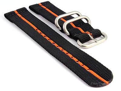 TWO-PIECE NATO Nylon Watch Strap Bond-Style Brushed Rings Black/Orange 22mm