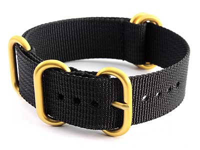 26mm Black (Yellow Gold) - Nato Nylon Watch Strap Strong Heavy Duty (4/5 rings)