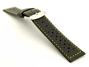 22mm Black/Yellow - Genuine Leather Watch Strap / Band RIDER, Perforated