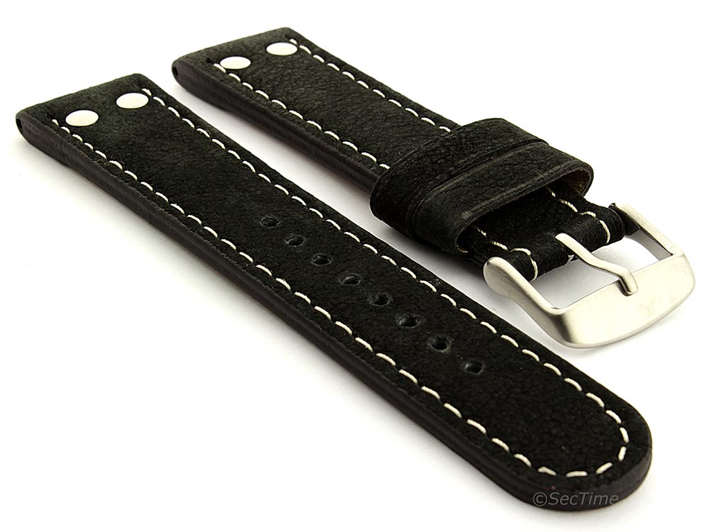 Extra Short Genuine Leather Watch Strap Band in Aviator Style Black 20mm