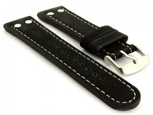 Riveted Suede Leather Watch Strap in Aviator Style Black 24mm