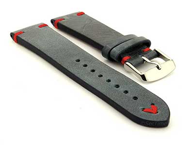 Extra long Leather Vintage Style Watch Strap Blacksmith Blue/Red 24mm