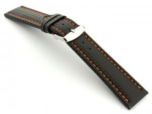 CARBON FIBRE EFFECT LEATHER WATCH STRAP WATERPROOF Black/Orange 20mm