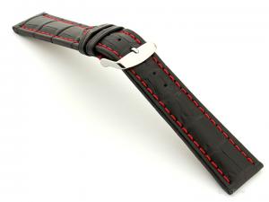 Extra Long Watch Strap Black with Red Stitching Croco 01