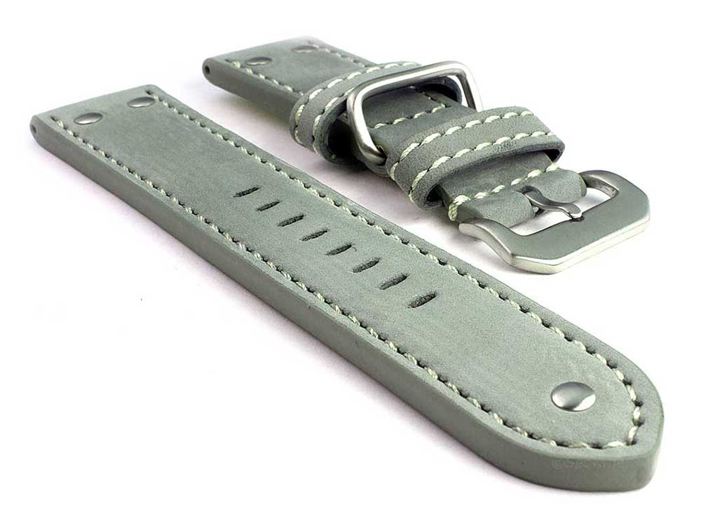 Riveted Leather Watch Strap FIGHTER Grey / White 24mm