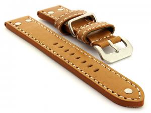 Riveted Leather Watch Strap Brown (Tan) with White Stitching Fighter 02