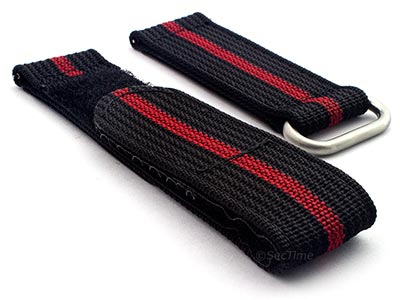 Quick Release Watch Strap Ribbed Nylon Hook & Loop TP Black/Red (3) 22mm