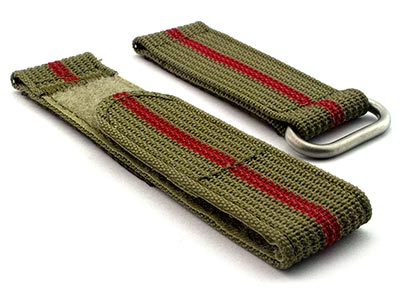 Quick Release Watch Strap Ribbed Nylon Hook & Loop TP Olive Green/Red (3) 20mm