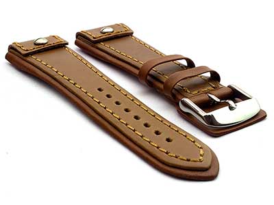 Military Style Leather Watch Strap, Fixed Lugs with Screw Brown/Brown 22mm