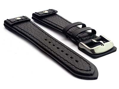 Military Style Leather Watch Strap, Fixed Lugs with Screw Black(grained) 01