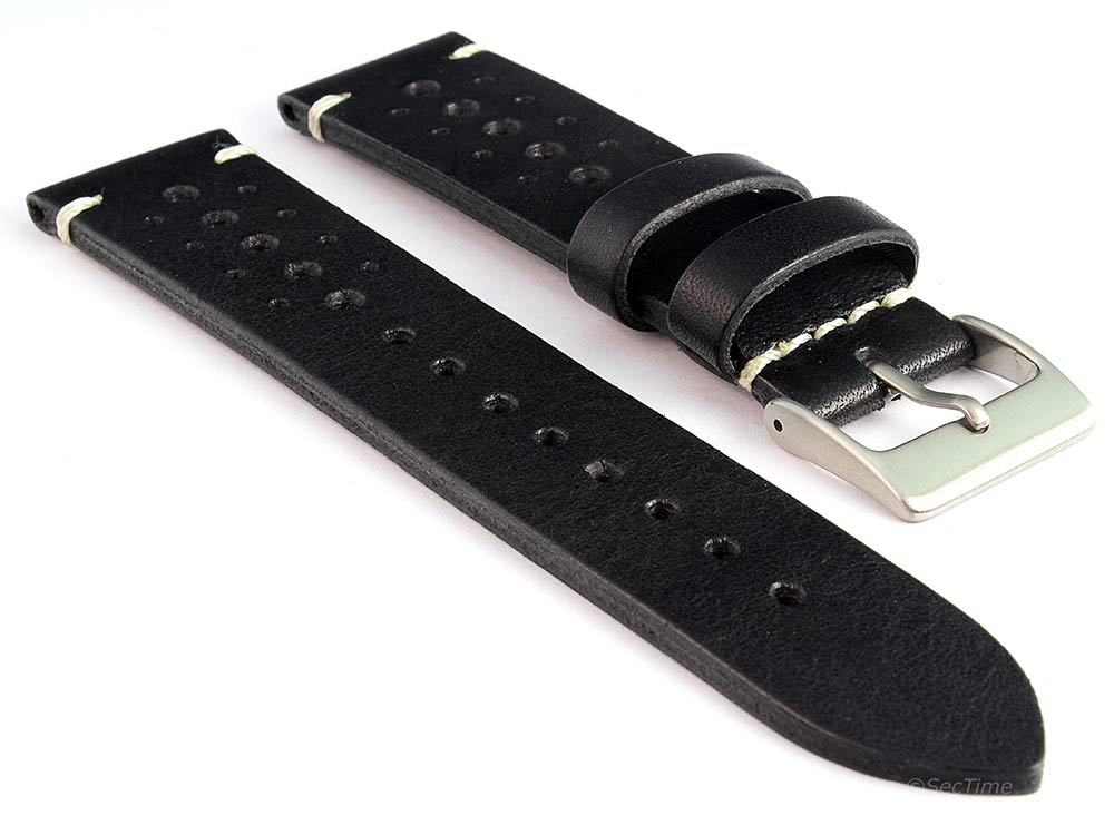 Perforated Genuine Leather Watch Strap Band Mirage Rally Racing  Black 01