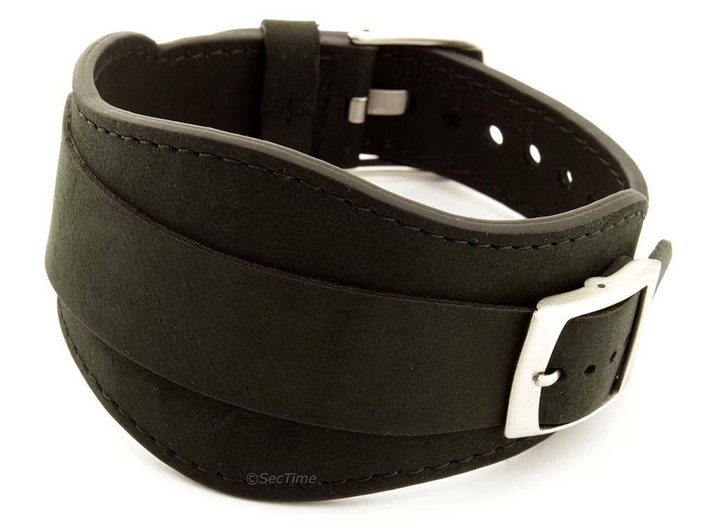 Genuine Leather One-piece Cuff Pad Watch Strap Band Moscow Black 22mm