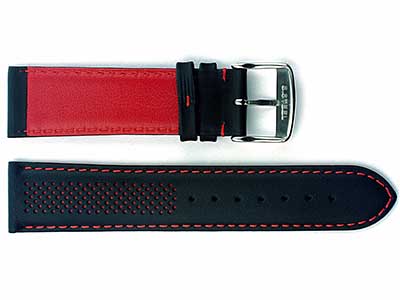 Laser Perforated Leather Watch Strap Oscar Black/Red 22mm