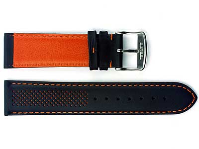 Laser Perforated Leather Watch Strap Oscar Black/Orange 22mm