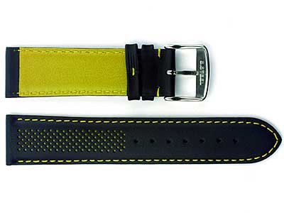 Laser Perforated Leather Watch Strap Oscar Black/Yellow 24mm