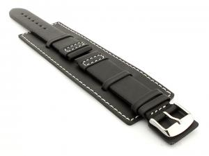 Leather Watch Strap with Wrist Cuff Black with White Stitching Solar 02