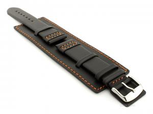 Leather Watch Strap with Wrist Cuff - Solar Black / Orange 22mm