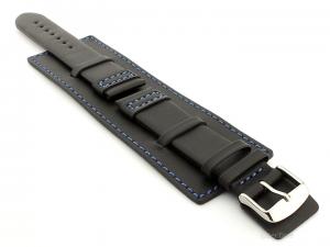 Leather Watch Strap with Wrist Cuff - Solar Black / Blue 22mm