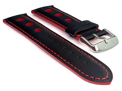 Racing Style Leather Watch Band Tempo Black/Red 24mm