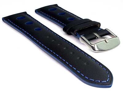 Racing Style Leather Watch Band Tempo Black/Blue 22mm