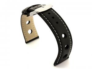 Rally Style Leather Watch Strap Twister Black / White 18mm