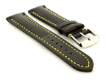 Padded Watch Strap Band CANYON Genuine Leather Black/Yellow 24mm