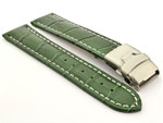 Genuine Leather Watch Band Croco Deployment Clasp Glossy Green / White 26mm