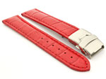 Genuine Leather Watch Band Croco Deployment Clasp Glossy Red / Red 22mm