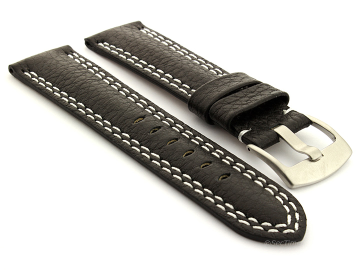 Double Stitched Leather Watch Band Black Freiburg DS 01