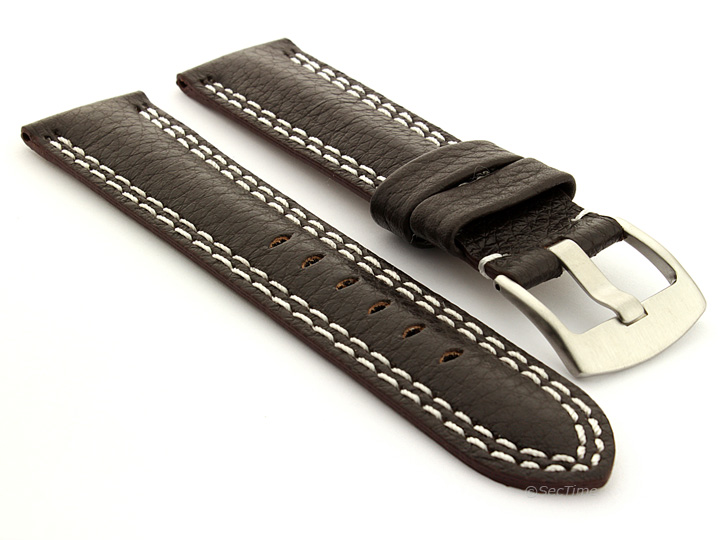 Double Stitched Leather Watch Band Dark Brown Freiburg DS 01