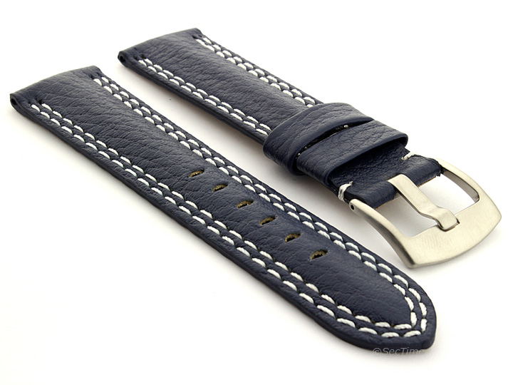 Double Stitched Leather Watch Band Navy Blue Freiburg DS 01