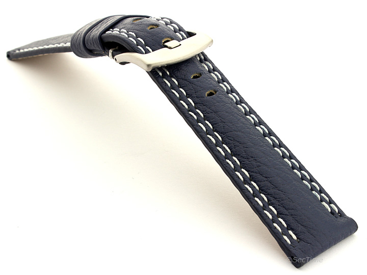 Double Stitched Leather Watch Band Navy Blue Freiburg DS 02