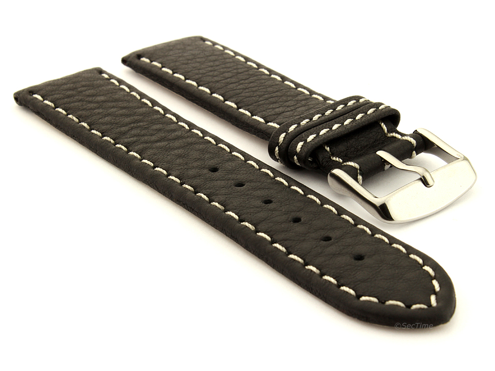 Leather Watch Band Black with White Stitching Kana 01
