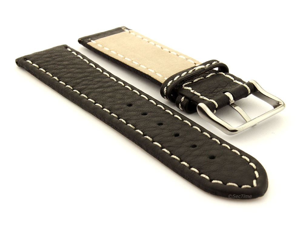 Leather Watch Band Black with White Stitching Kana 03