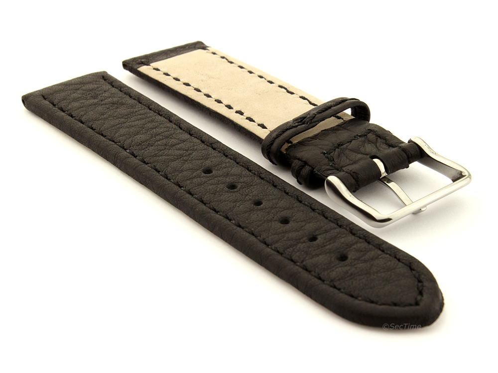 Leather Watch Band Black with Black Stitching Kana 03