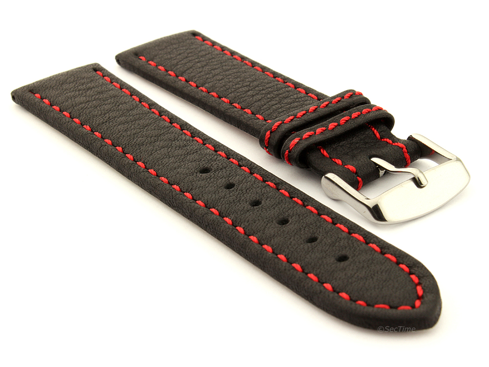 Leather Watch Band Black with Red Stitching Kana 01