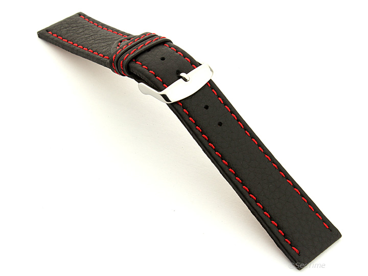 Leather Watch Band Black with Red Stitching Kana 02