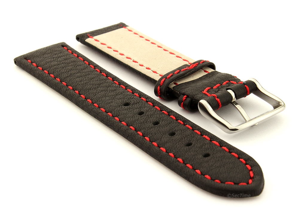 Leather Watch Band Black with Red Stitching Kana 03