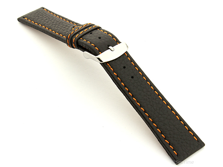 Leather Watch Band Black with Orange Stitching Kana 02