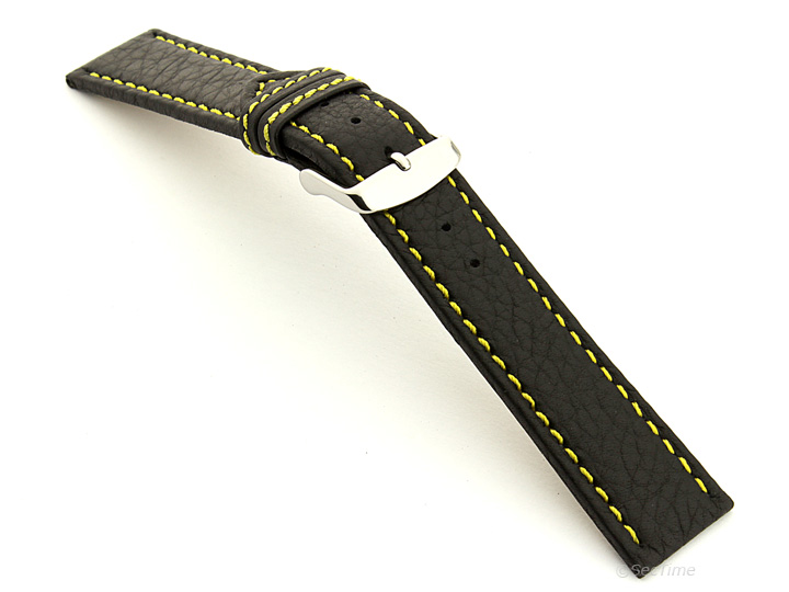 Leather Watch Band Black with Yellow Stitching Kana 02