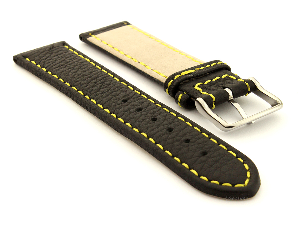 Leather Watch Band Black with Yellow Stitching Kana 03