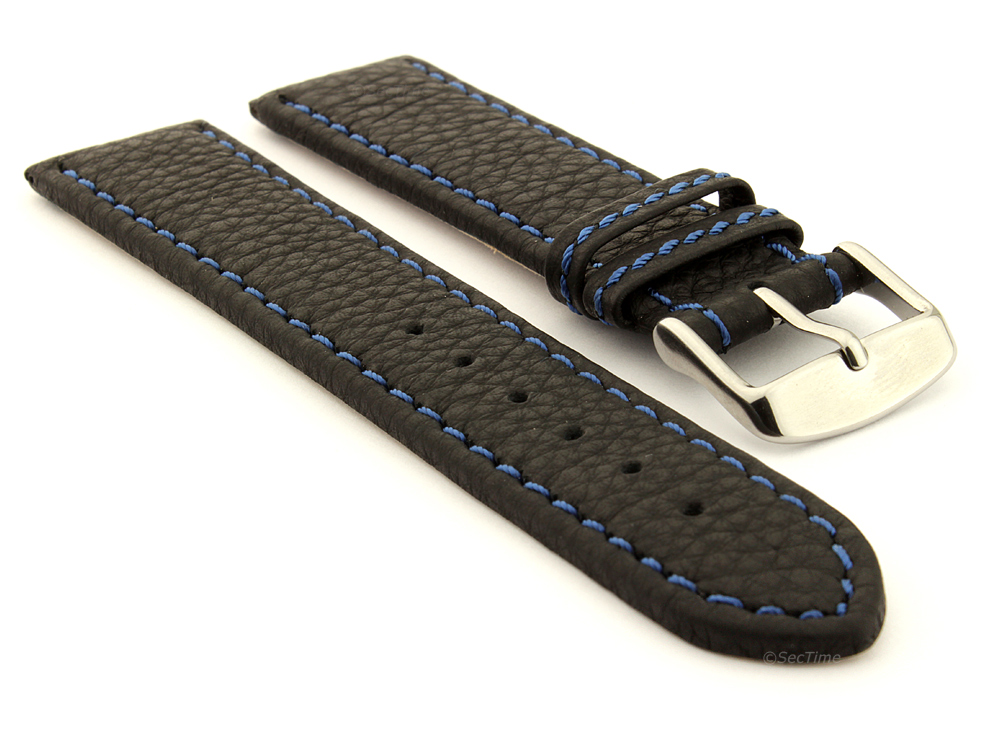 Leather Watch Band Black with Blue Stitching Kana 01